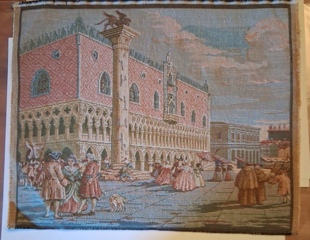 Hand Made Italian Tapestry Wall Hanging Art-Port Venice, Ships,Palace-23x56cm